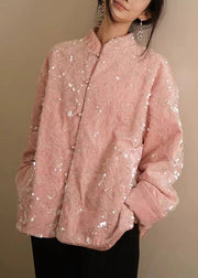 Chic Pink Sequins Button Silk Velvet Coats Long Sleeve