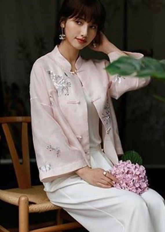 Chic Pink Stand Collar Embroideried Floral Button Top Long Sleeve