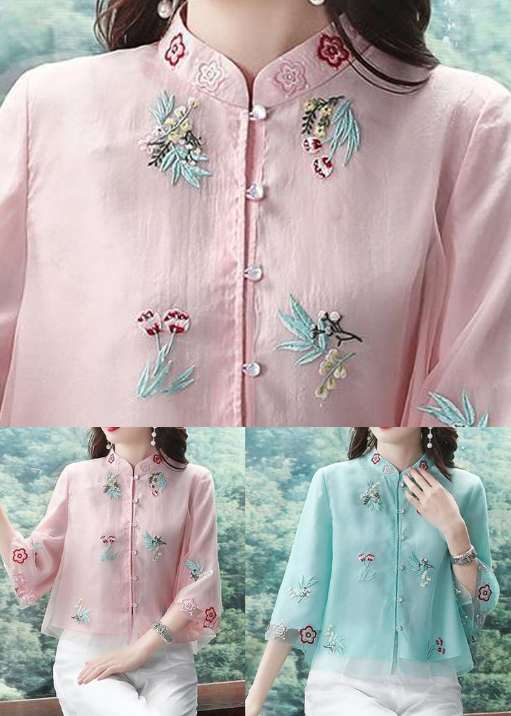 Chic Pink Stand Collar Embroideried Patchwork Chiffon Tops Summer