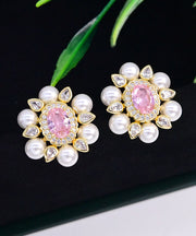 Chic Pink Sterling Silver Crystal Pearl Zircon Stud Earrings