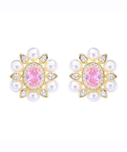 Chic Pink Sterling Silver Crystal Pearl Zircon Stud Earrings