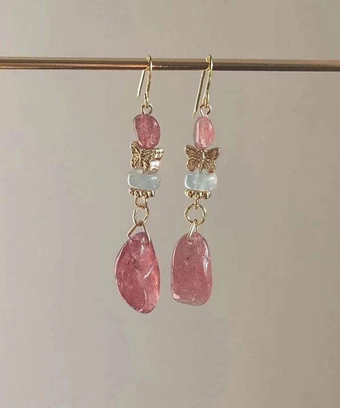 Chic Pink Sterling Silver Overgild Crystal Butterfly Drop Earrings