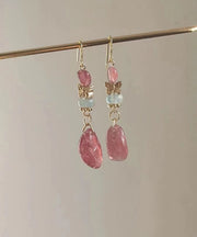 Chic Pink Sterling Silver Overgild Crystal Butterfly Drop Earrings