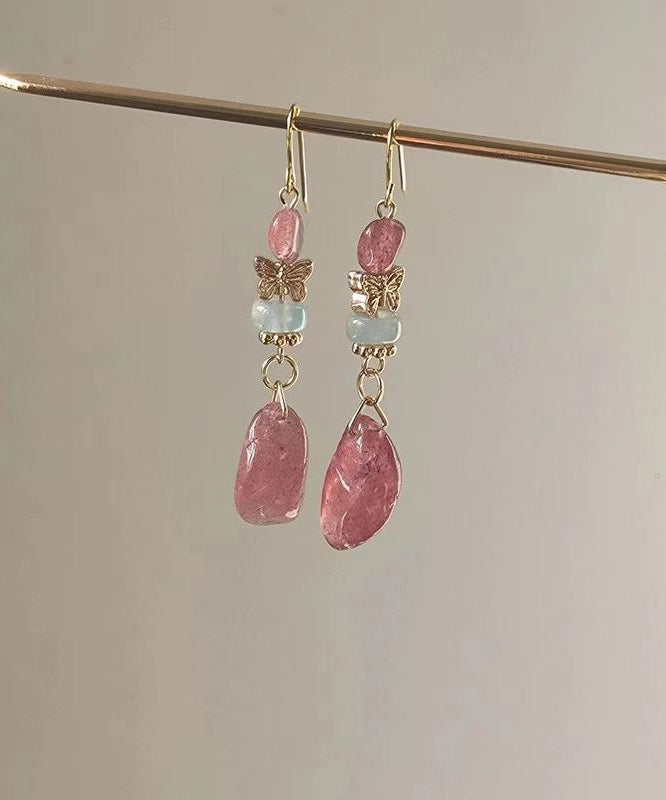 Chic Pink Sterling Silver Overgild Crystal Butterfly Drop Earrings