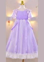 Chic Purple Embroideried Tassel Lace Patchwork Tulle Girls Maxi Dress Summer