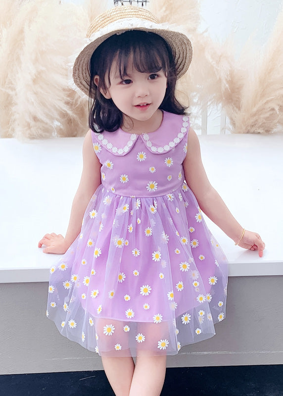 Chic Purple Floral Wrinkled Tulle Kids Party Long Dress Sleeveless