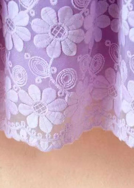 Chic Purple O-Neck Embroideried Floral Patchwork Tie Waist Tulle Kids Mid Dress Long Sleeve