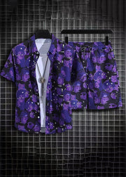 Chic Purple Print Shirt And Shorts Ice Silk Men Two Pieces Set Summer