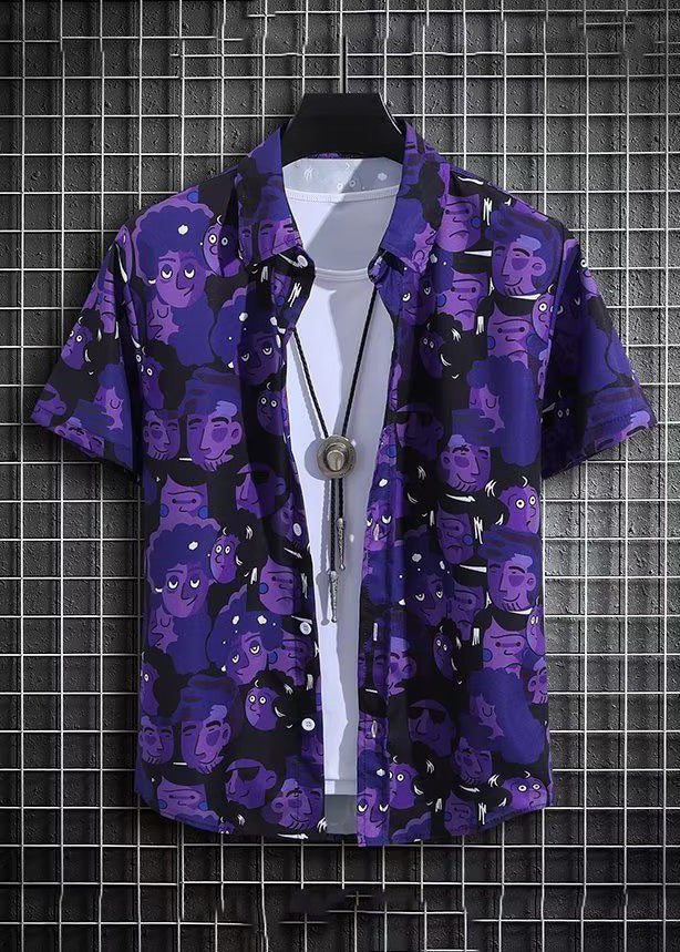 Chic Purple Print Shirt And Shorts Ice Silk Men Two Pieces Set Summer