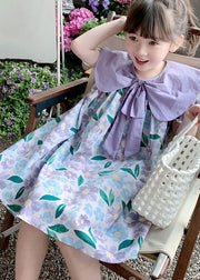 Chic Purple Print Wrinkled Patchwork Cotton Baby Girls Dress Summer