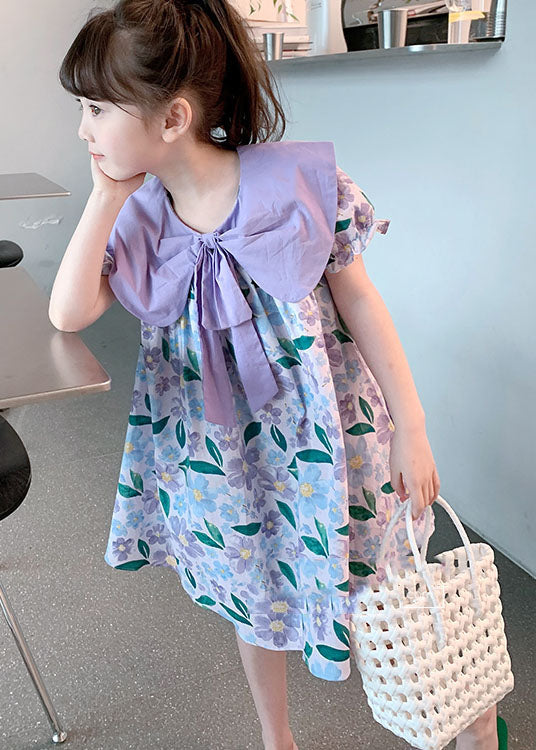 Chic Purple Print Wrinkled Patchwork Cotton Baby Girls Dress Summer