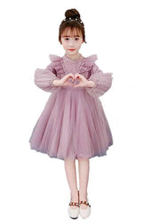 Chic Purple Ruffled Nail Bead Patchwork Tulle Kids Girls Dresses Fall