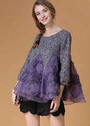 Chic Purple Ruffled Patchwork Organza Shirt Top Bracelet Sleeve