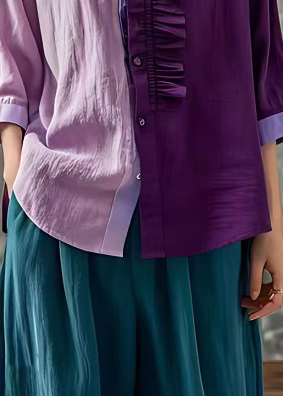 Chic Purple Stand Collar Button Tops Fall