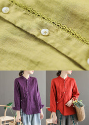 Chic Purple Stand Collar Lace Patchwork Linen Shirt Tops Long Sleeve