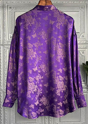 Chic Purple Stand Collar Print Lace Up Silk Shirt Top Spring