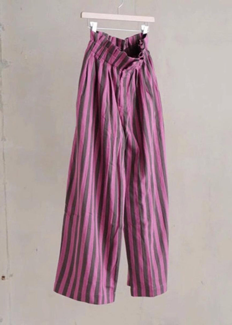 Chic Purple Striped Elastic Waist Cotton Wide Leg Pants Summer