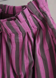 Chic Purple Striped Elastic Waist Cotton Wide Leg Pants Summer