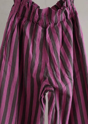 Chic Purple Striped Elastic Waist Cotton Wide Leg Pants Summer