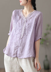 Chic Purple V Neck Embroideried Linen Blouse Tops Half Sleeve