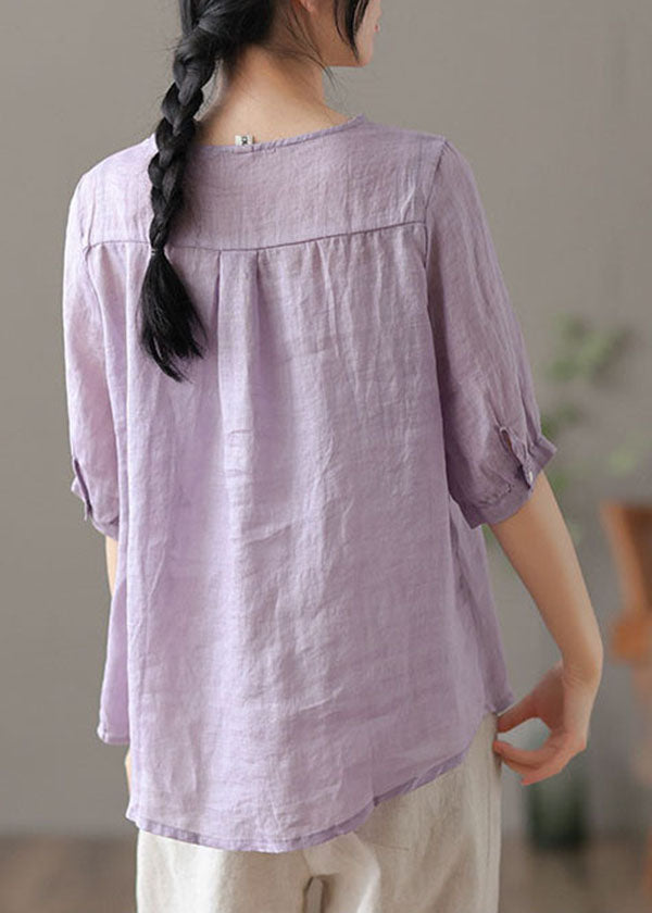 Chic Purple V Neck Embroideried Linen Blouse Tops Half Sleeve