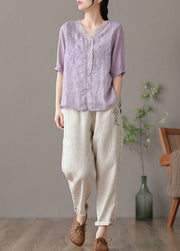 Chic Purple V Neck Embroideried Linen Blouse Tops Half Sleeve