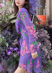 Chic Purple V Neck Print Lace Up Chiffon Mid Dress Long Sleeve