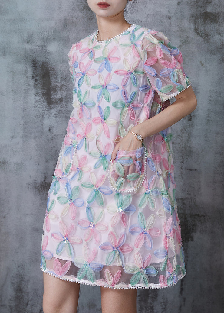 Chic Rainbow Puff Sleeve Floral Tulle Tea Dress Summer