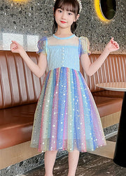 Chic Rainbow Sequins Wrinkled Patchwork Tulle Baby Girls Dress Summer