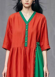 Chic Red Asymmetrical Patchwork Cotton Dresses Summer