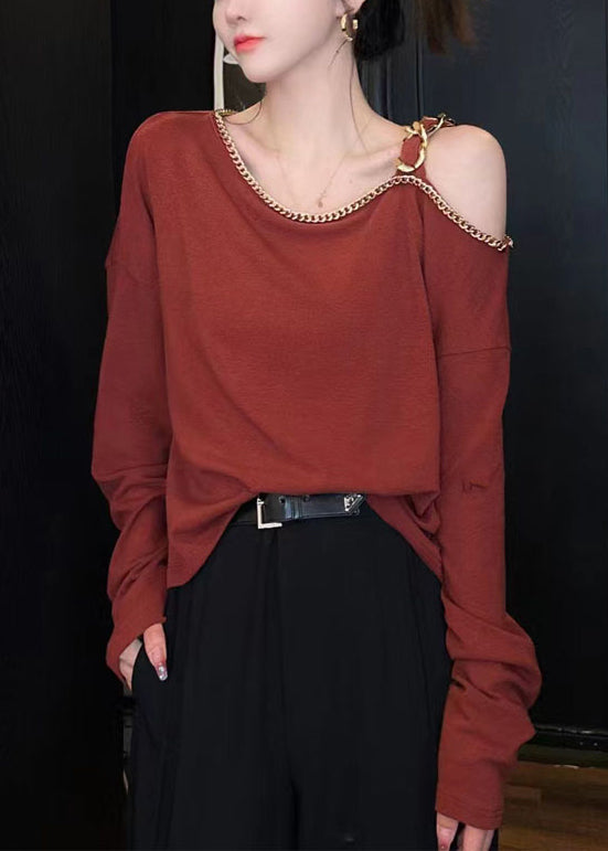 Chic Red Cold Shoulder Chain Linked Cotton Top Long Sleeve