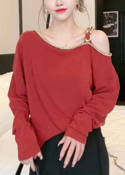 Chic Red Cold Shoulder Chain Linked Cotton Top Long Sleeve