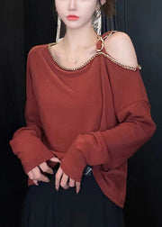 Chic Red Cold Shoulder Chain Linked Cotton Top Long Sleeve