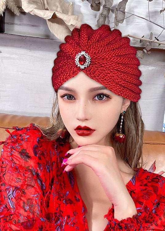 Chic Red Gem Stone Patchwork Knit Bonnie Hat