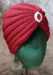 Chic Red Gem Stone Patchwork Knit Bonnie Hat