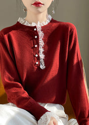 Chic Red Lace Patchwork Wool Knit Sweaters Fall