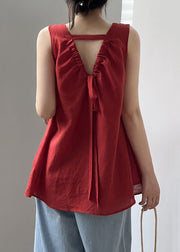 Chic Red Lace Up Solid Cotton Tops Sleeveless