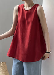 Chic Red Lace Up Solid Cotton Tops Sleeveless