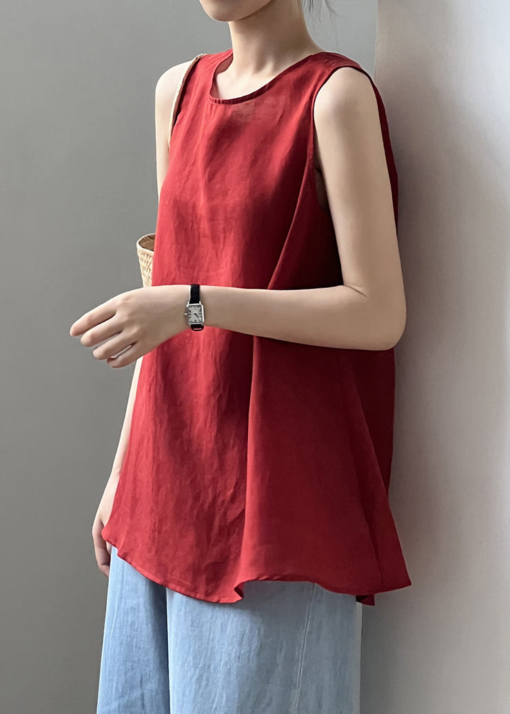 Chic Red Lace Up Solid Cotton Tops Sleeveless