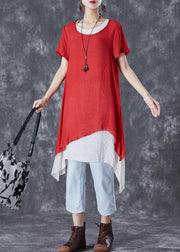 Chic Red O-Neck Asymmetrical Linen Two Pieces Set Summer