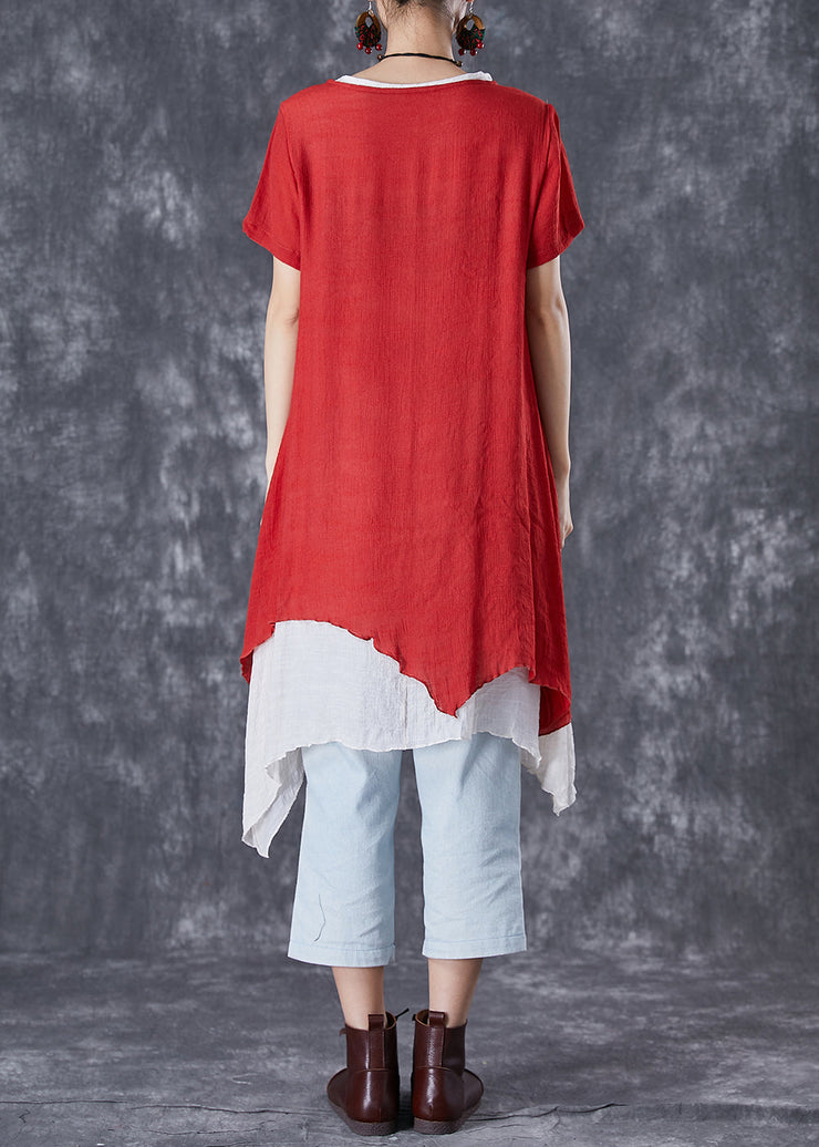 Chic Red O-Neck Asymmetrical Linen Two Pieces Set Summer