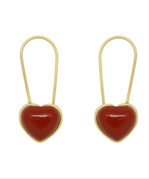 Chic Red Overgild Inlaid Agate Love Hoop Earrings