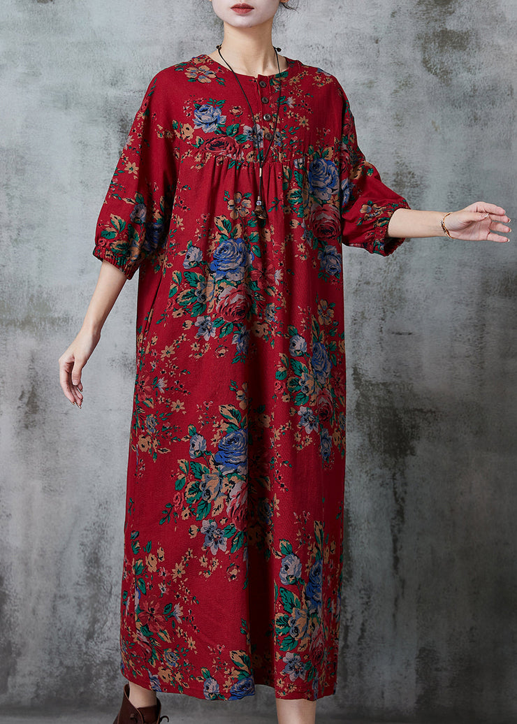 Chic Red Oversized Print Cotton Long Dress Summer