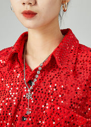 Chic Red Oversized Sequins Silk Velour Shirt Tops Spring