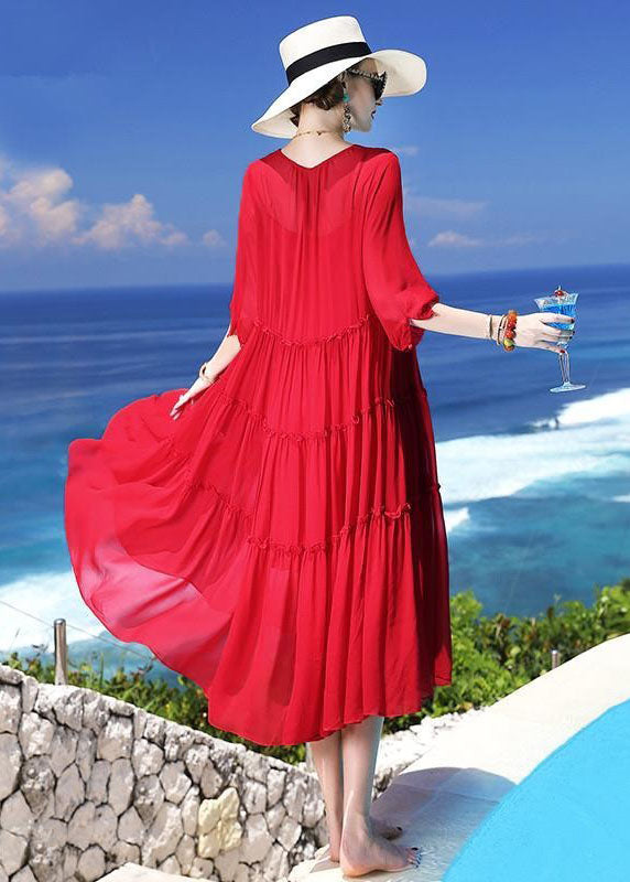 Chic Red Patchwork Silk Two Pieces Set Beach Holiday Dress Summer