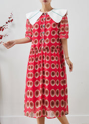 Chic Red Peter Pan Collar Print Chiffon Long Dress Summer