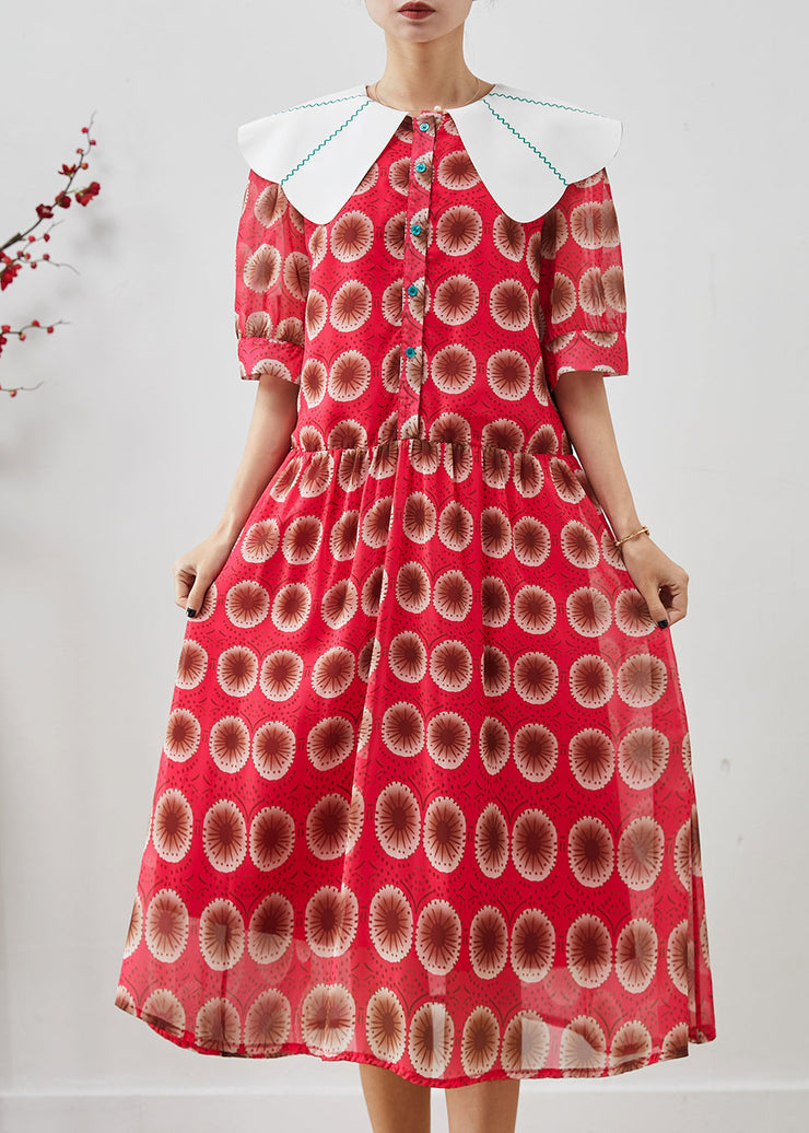 Chic Red Peter Pan Collar Print Chiffon Long Dress Summer