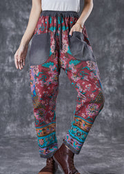 Chic Red Print Elastic Waist Patchwork Pockets Cotton Harem Pants Fall