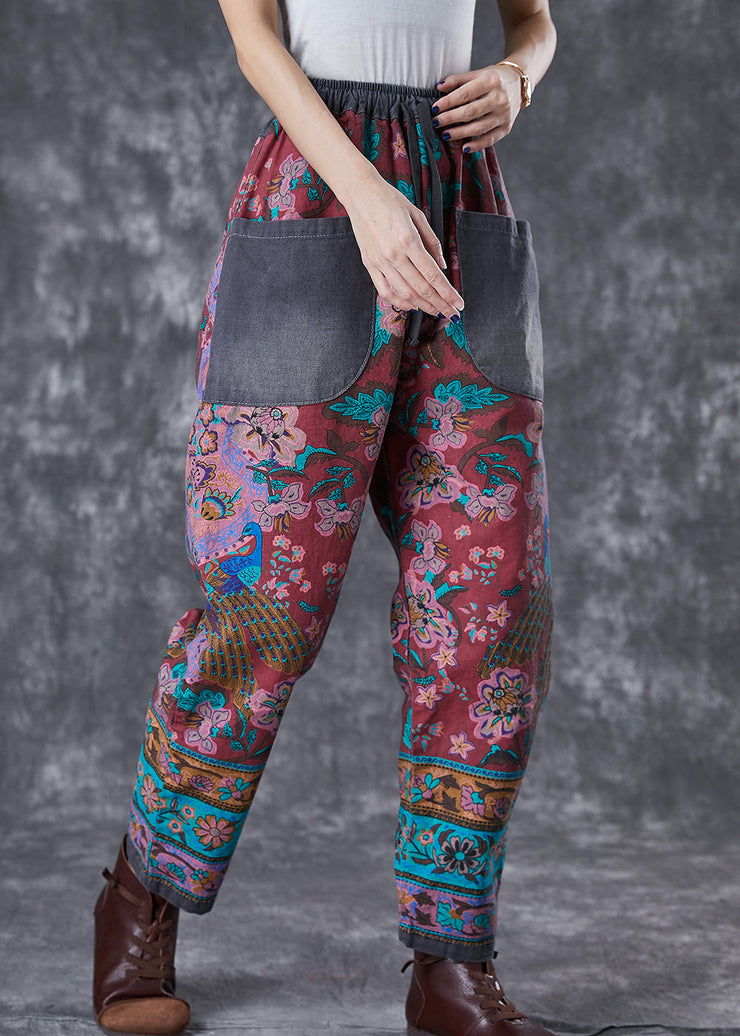 Chic Red Print Elastic Waist Patchwork Pockets Cotton Harem Pants Fall