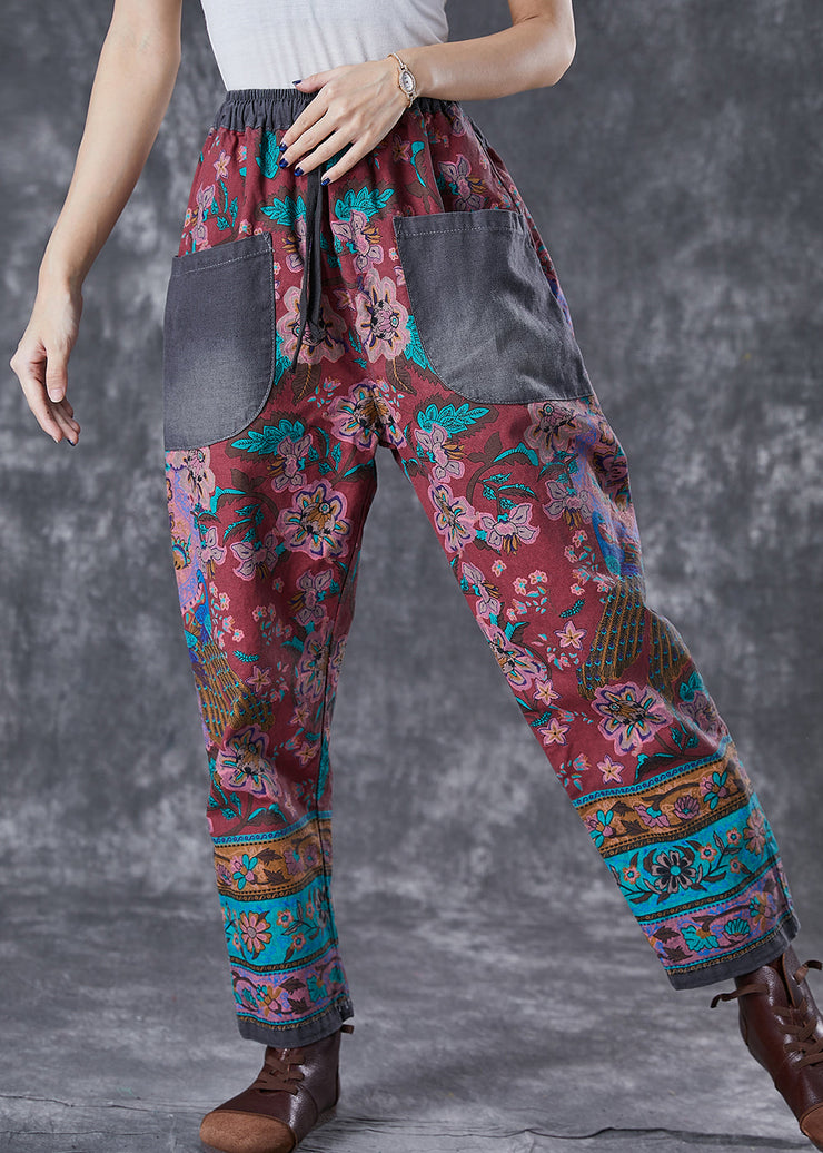 Chic Red Print Elastic Waist Patchwork Pockets Cotton Harem Pants Fall